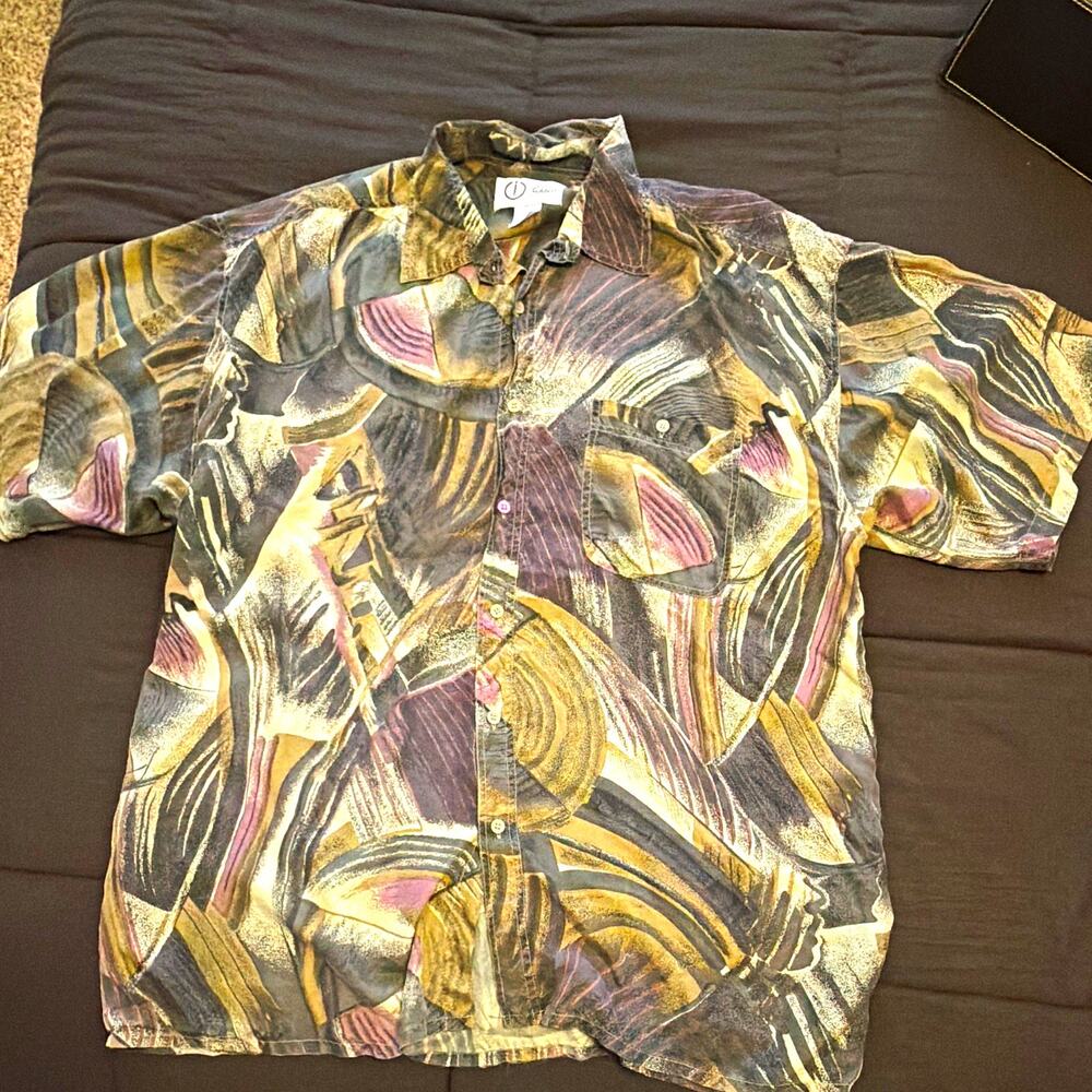Wibco Men's XL Silk Abstract Multicolor Short Sleeve Button-Up Pockets